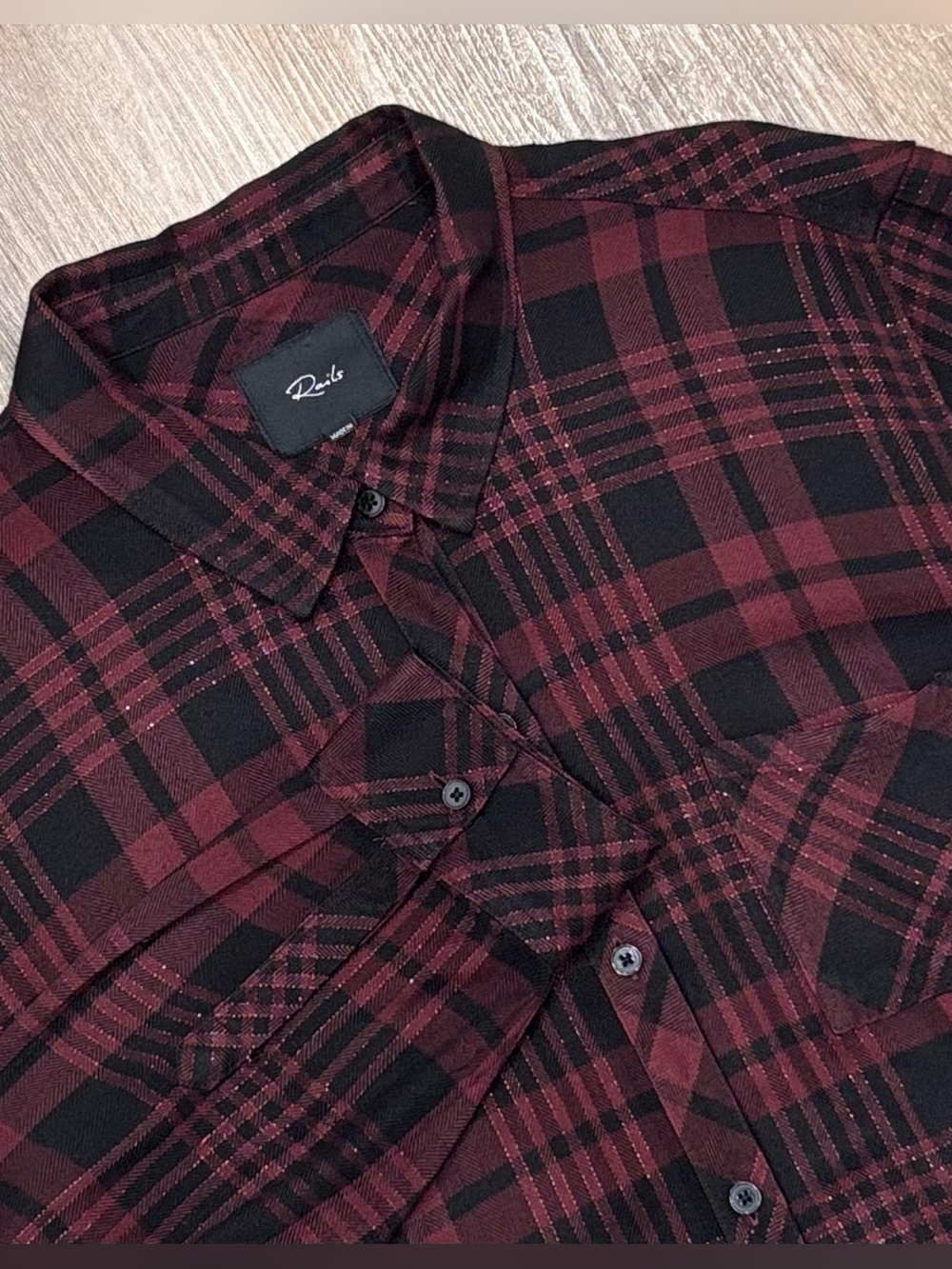 Rails Hunter Plaid Button Down Shirt XL Black Merlot Lurex Metallic Shimmer